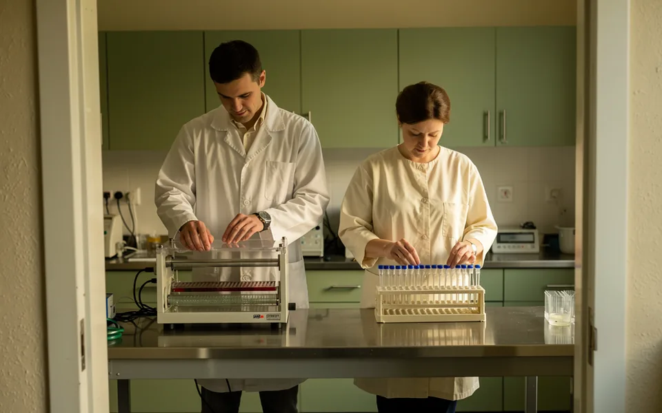 Two technicians working beside a gel separation tank at a laboratory bench