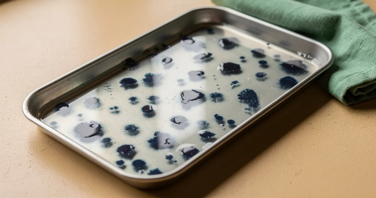 A translucent protein separation gel with indigo spots in a steel tray