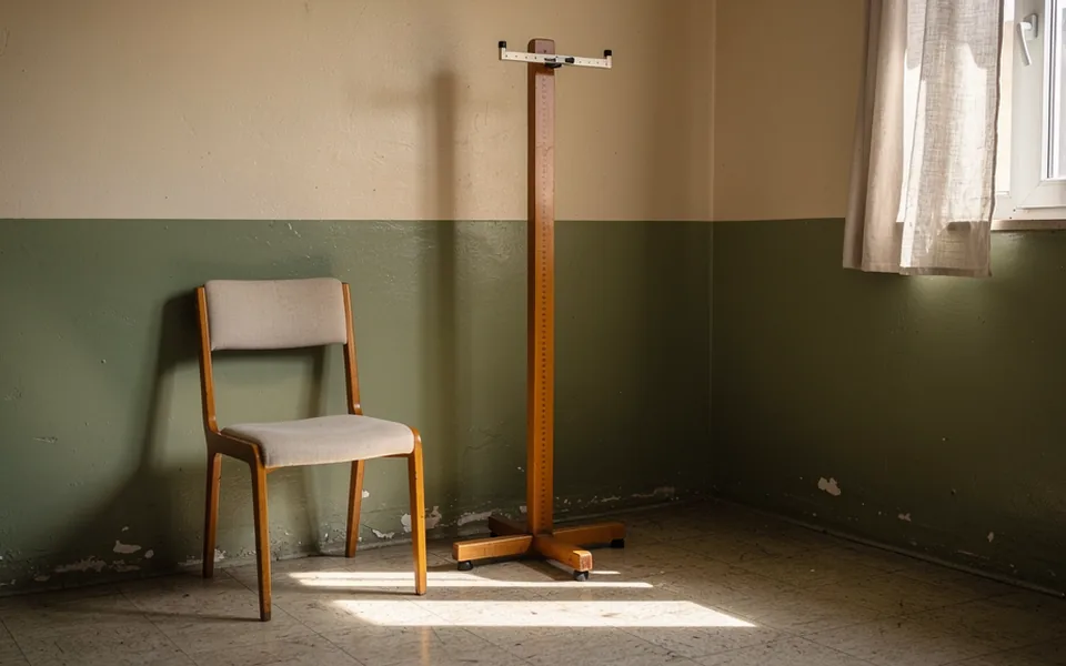 A wooden stadiometer beside a plain chair in a sunlit room