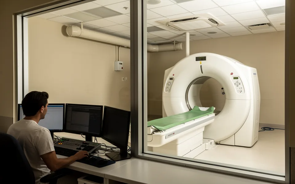 An imaging technician at a console beside an empty scanner room